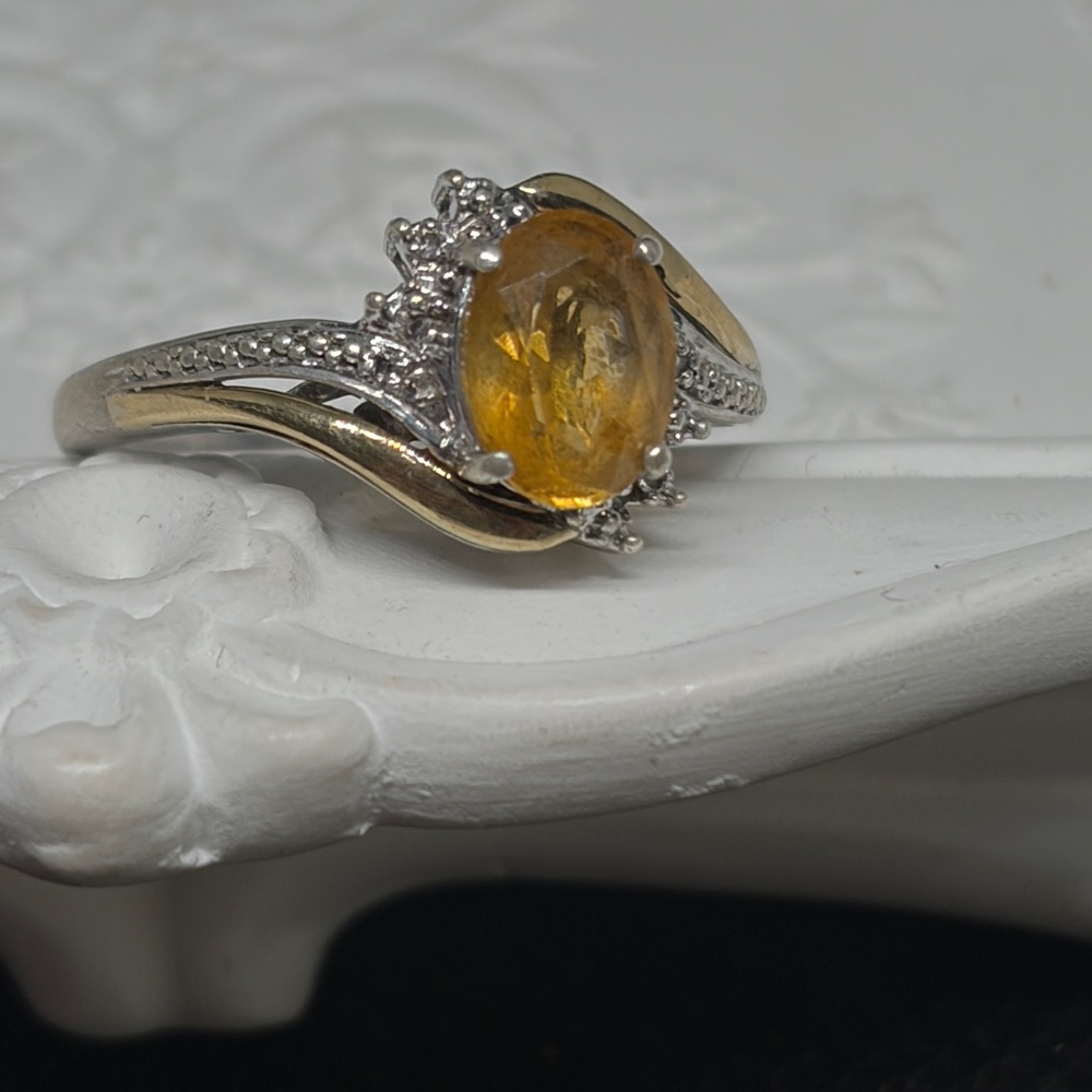 Vintage Djoy 925 Sterling Silver with 10k Gold Genuine Citrine and Diamond Ring